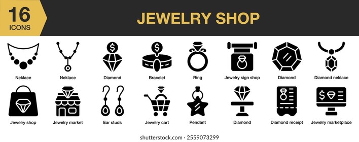 Jewelry Shop solid icon set. Includes Jewelry, Jewellery, Diamond, Necklace, Propose, and More. Solid icons vector collection.