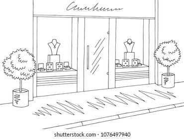 Jewelry Shop Store Exterior Graphic Black White Sketch Illustration Vector