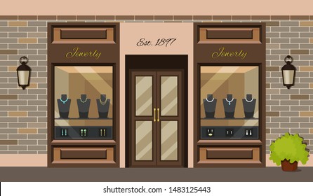 Jewelry shop store facade with storefront large window, columns and brick wall. City building facade residential building front view. Graphic jewelry shop exterior vector illustration