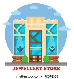 Jewelry shop or store with ornaments like necklace with gem or gemstone, precious amulet and rings on maneken. Perfect for gift and luxury, architecture and construction, panorama theme