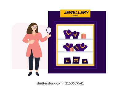 Jewelry shop vector illustration concept. Store owner next to open shop handmade earrings and necklaces. Small local business. Template for website banner, advertising campaign