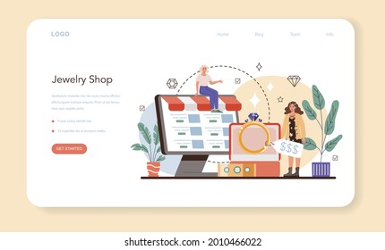 Jewelry shop web banner or landing page. Precious stones jewelry business. Goldsmith workshop, luxury treasure industry. Idea of creative people and profession.Vector illustration