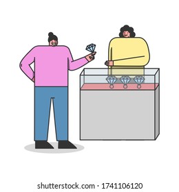 Jewelry shop. Woman client trying luxury ring with diamond, female seller standing at showcase with jewelery. Jewel accessories sale or promotion concept. Vector illustration