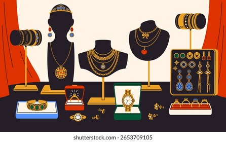 Jewelry showcase. Gold accessories store, mannequins with bijouteries, chains, pendants and earrings, gems boutique, decorative precious stones, contemporary accessory tidy vector concept