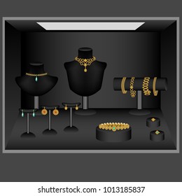 Jewelry showcase, jewelry jewelry jewelry, gold, gemstones, emeralds, rubies, diamonds, vector illustration, holders and stands for necklaces, necklaces, earrings, bracelets.