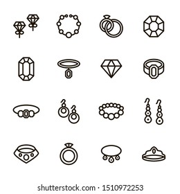 Jewelry Sign Black Thin Line Icon Set Include of Ring, Earring, Necklace and Bracelet. Vector illustration of Icons