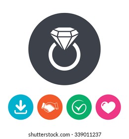 Jewelry sign icon. Ring with diamond symbol. Download arrow, handshake, tick and heart. Flat circle buttons.