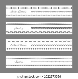 Jewelry and silver chains, set of decorative items, accessories collection placed horizontally, various objects, vector illustration isolated on grey
