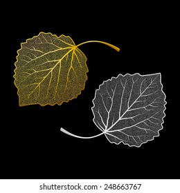 Jewelry silver and gold skeletons of leaves. Isolated vector illustration for your card, invitation and other decor design.