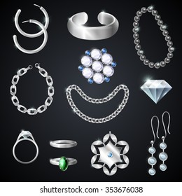  Jewelry silver realistic set on black background isolated vector illustration 