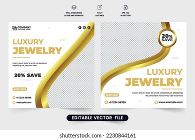 Jewelry social media post vector with golden and dark colors. Ornaments business promotional web banner design for social media marketing. Jewelry store discount poster design for online shopping.