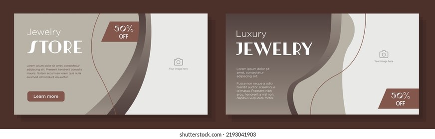  Jewelry store banner template set, jeweler shop advertisement sign, luxury color horizontal ad, brown, bronze content marketing post, creative brochure, isolated on background.