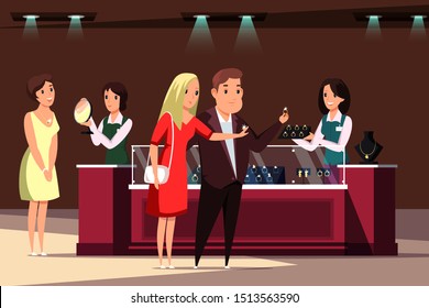 Jewelry store, boutique flat vector illustration. Jewels shop customers and workers cartoon characters. Couple buying engagement rings, woman trying on necklace, Luxury lifestyle, expensive shopping