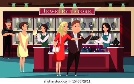 Jewelry store, boutique flat vector illustration. Jewels shop customers and workers cartoon characters. Couple buying engagement rings, woman trying on necklace, Luxury lifestyle, expensive shopping