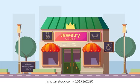 Jewelry store building with bright signboard, advertising banners on facade. Small local business property on roadside, city commercial real estate. Urban architecture cartoon vector illustration