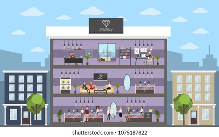 Jewelry store building interior with workshop and customer service.