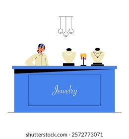 Jewelry Store Counter With Female Sales Consultant In Flat Vector Illustration Symbolizing Retail, Customer Service, And Fashion, Isolated On White Background