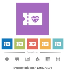 Jewelry store discount coupon flat white icons in square backgrounds. 6 bonus icons included.