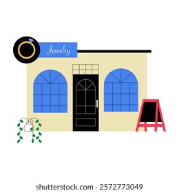 Jewelry Store Exterior In Flat Vector Illustration Symbolizing Luxury, Retail Business, And Shopping, Isolated On White Background.