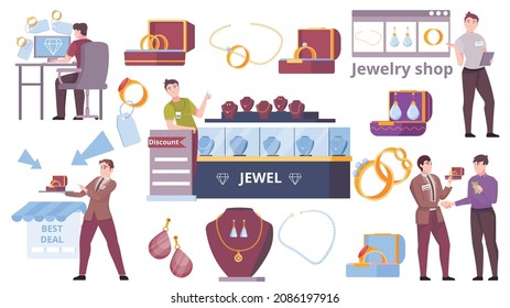 Jewelry store flat set with rings gem earrings necklaces charms bracelets brilliants isolated vector illustration