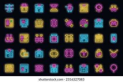 Jewelry store icons set outline vector. Fashion retail. Gift sale neon color on black