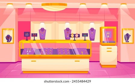 Jewelry store interior. Jewellery shop luxury exhibition jewel room boutique inside mall, gold accessories sale glass showcase retail shopping ingenious vector illustration of jewelry luxury shop