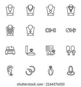 Jewelry store line icons set, outline vector symbol collection, linear style pictogram pack. Signs, logo illustration. Set includes icons as Engagement Diamond Rings, Necklaces with pendant, earrings