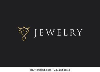 Plantilla de diseño del logotipo de la tienda de joyas. Elegante y lujoso concepto de logotipo de joyas de oro en fondo negro