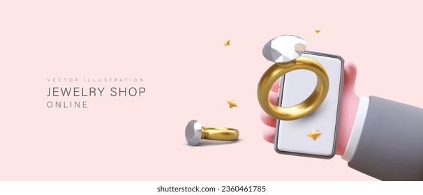 Jewelry store online. 3D hand holding smartphone. User chooses engagement ring with precious stone. Horizontal concept for jewelry site, application. Place for text