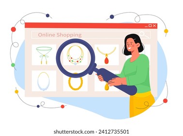 Jewelry store online concept. Woman with magnifying glass choose golden bracelet and necklace. Diamonds in accessories. Beauty, aesthetics and elegance. Cartoon flat vector illustration