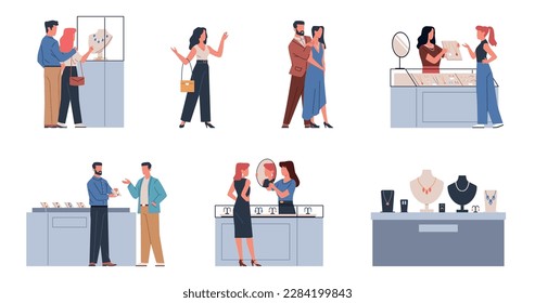 Jewelry store. People trying and choosing jewelry, necklaces and bracelets, earrings and rings in luxury showcases, precious stones, gold metals, cartoon flat isolated scenes, nowaday vector set