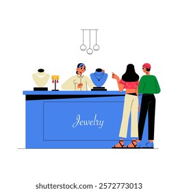 Jewelry Store With Salesperson And Customers In Flat Vector Illustration Symbolizing Retail, Shopping, And Luxury, Isolated On White Background.