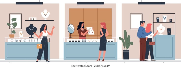 Jewelry store shopping. Salon visitors choose precious metals with stones products, expensive purchases and gifts, men and women buying gold cartoon flat illustration, nowaday vector concept