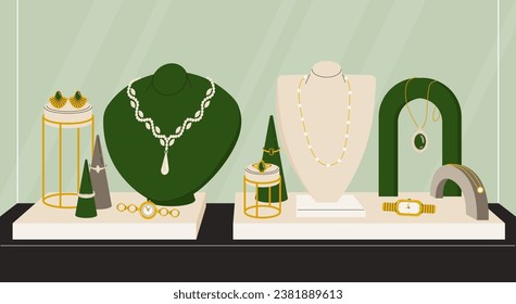 Jewelry store showcase concept. Green and white mannequins with gemstone necklace. Golden watches and earrings wth diamonds. Beauty, aesthetics and elegance. Cartoon flat vector illustration