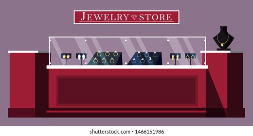 Jewelry Store Showcase Flat Vector Illustration. Jewels Shop Banner Template. Bijouterie And Gems Boutique Advertising Poster Layout. Precious Stones Sale. Wedding Rings, Gold And Silver Necklaces