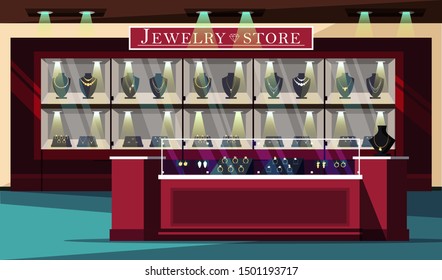 Jewelry store showcase flat vector illustration. Jewels shop banner template. Bijouterie and gems boutique advertising poster layout. Precious stones sale. Wedding rings, gold and silver necklaces