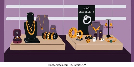 Jewelry store showcase. Luxury shop. Precious metals and stones. Engagement rings. Gold earrings or bracelets. Jewel pendants with diamonds. Golden wristwatch. Garish