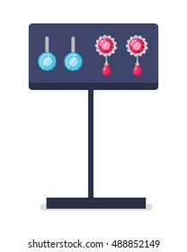 Jewelry store showcase vector concept. Flat Design. Earrings with gemstones on the stand. Luxury women's accessories. Romantic gift to a loved an anniversary. Isolated on white background