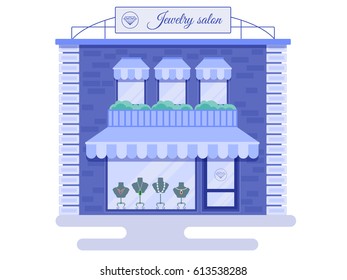 Jewelry store. Style building flat with jewelry on the mannequins in the window and the inscription jeweler. Vector.