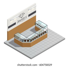 Jewelry store top view interior with female expensive gold jewelry in transparent counter without seller and visitors isometric vector illustration  