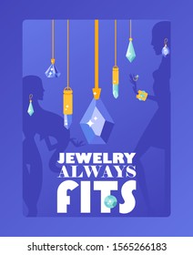 Jewelry store typographic poster, vector illustration. Sparkling gems and diamonds, jewels with precious gemstones. Flat style jewellery pendant collection. Beauty fashion accessories, gifts for women