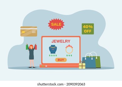 Jewelry store vector concept. Happy young woman buying jewelry on the laptop while holding shopping bags