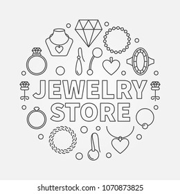 Jewelry store vector concept round illustration in thin line style made with jewellery icons