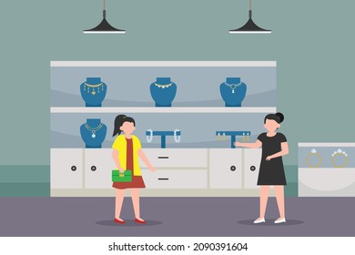 Concepto vectorial de tienda de joyas. Vendedora mostrando joyas en el escaparate a su cliente mientras está de pie en la tienda