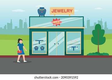 Jewelry store vector concept. Young woman walking to jewelry store while looking at the display window