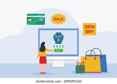 Jewelry store vector concept. Young woman using a computer to buying jewelry while standing with shopping bags