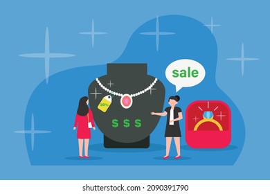 Jewelry store vector concept. Young woman looking at jewelry while standing with saleswoman in the store