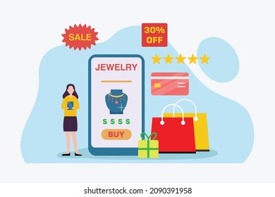 Jewelry store vector concept. Young woman using a cellphone to buying jewelry while standing with shopping bags