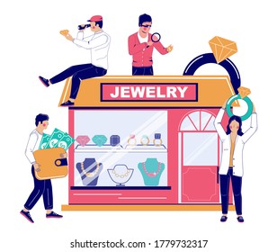 Jewelry store, vector flat illustration. Jewelry shop building, gem stones, precious rings, necklaces on window showcase, male and female characters jewelers, happy customers with money, diamond ring.