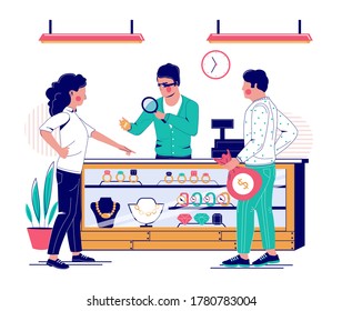 Jewelry store, vector flat illustration. Jewelry shop interior with jeweler looking at jewelry under magnifying glass and happy couple buying precious diamond ring.